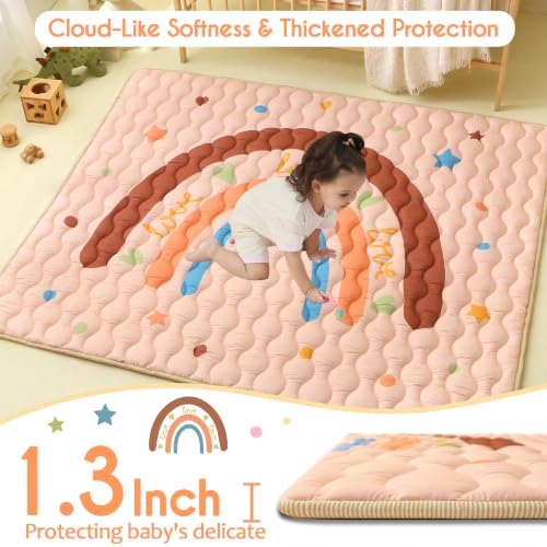 Viviland Baby Mats for Floor, 50x50 Inch Playpen Mat, Soft Playmat for Baby and Toddlers, Non-Slip & Machine Washable, Brown Rainbow - color: Brown Rainbow, size: 50" X 50"