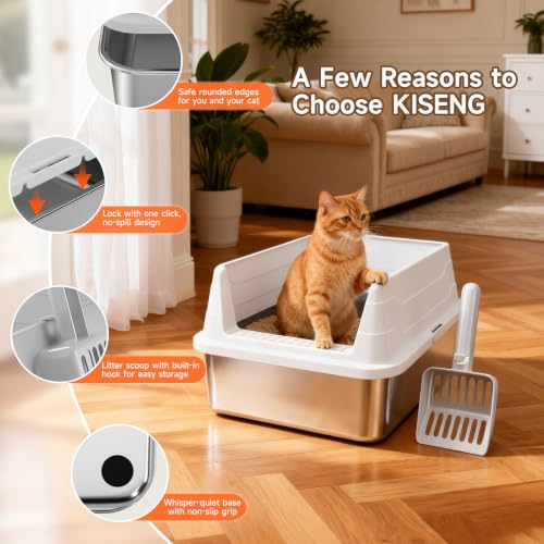 Stainless Steel Cat Litter Box for Small Cats, Odor Free Metal Litter Box | High Sides Lid Open Top Low Entry Litter Pan Easy Cleaning Kitty Cat Box Anti-Urine Leakage Non-Sticky Include Scoop - color: Light Grey S