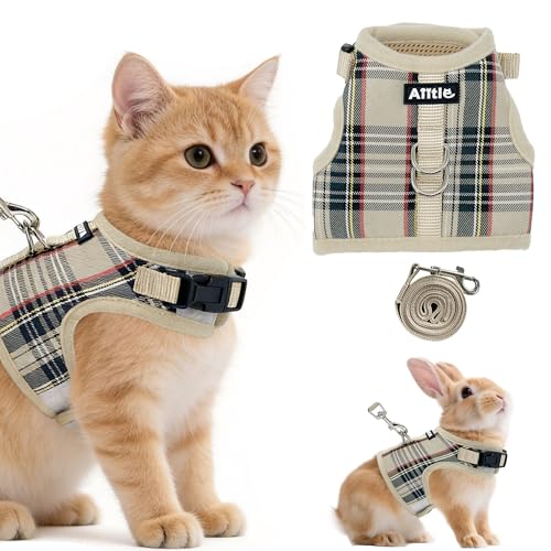 Adjustable Bunny Harness & Leash Set - Soft Mesh Liner, Comfort Fit Plaid Pattern Vest with Magic Tape Design, Portable for Small Animal Pets Puppy Cat Rat Squirrel Ferret, Beige L - color: Beige, size: L