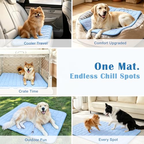 JOLLYVOGUE Cooling Mat for Dogs, X-Large Dog Cooling Pad, 44"x32", Blue | Lightweight & Breathable, Nylon-Spandex Blend Cover, Down Alternative Fill, Wavy Quilted, Non-Slip Back, Machine Washable - size: X-Large: 44"x32"