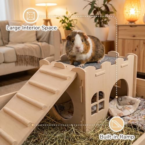 Ramp for Guinea Pig Cage, Wooden Bridge and Climbing Board | Slatted small-animal ramp with removable fabric grip for climbing or connecting compatible hideout houses - size: Small