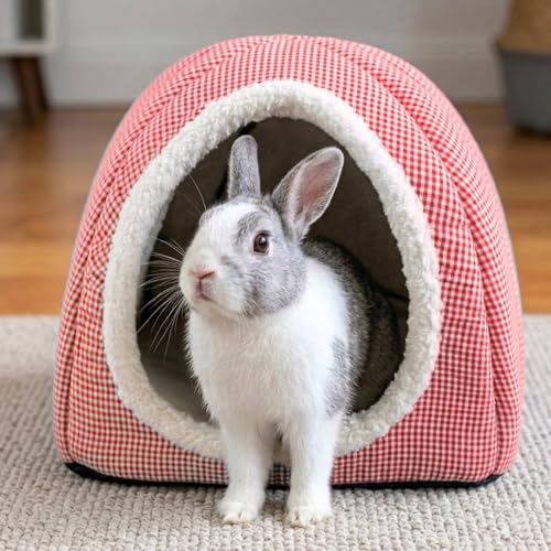 Rabbit Hideout Bed for Large Bunnies, Soft Plush Bunny House | Cozy Small Animal Hideaway with Removable Pad for Indoor Rabbits, Guinea Pigs, and Ferrets, Red - color: Red