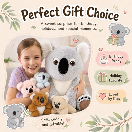 Koala Plush Toy with Babies, 17.7“ Wild Animal Stuffed Animal | Mother and Baby Plushies; Zipper Belly Storage; Hide-and-Seek Play; Soft Cuddly Companion; Christmas Birthday Gift for Kids - style: Koala Gray