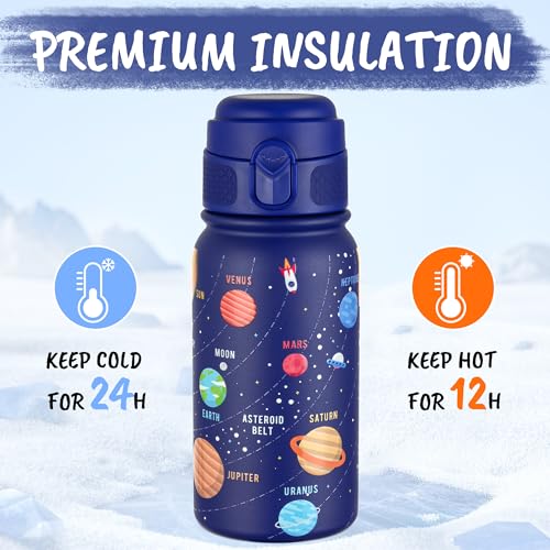 GOPPUS Kids Insulated Water Bottle 12oz, Leakproof Stainless Steel Thermos, BPA Free Double Wall Vacuum Insulated Bottle for School, Travel, Sports & Outdoor Activities, Boys Girls - color: Blue Starry Sky