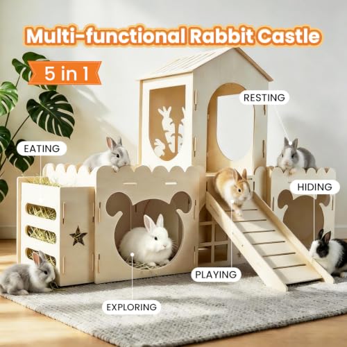 5 in 1 Extra Large Bunny House，Rabbit Hideout and Wooden Castle Hutch Cage | Detachable With Ramp 4 Houses and a Hay Feeder，Sturdy Guinea Pig and Chinchilla Cages,Small Animal Pet Tunnel Habitat