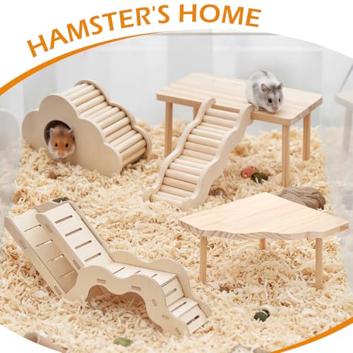 5-in-1 Wooden Hamster Toys Set Hamster House Hideout with Ladder Bridge Platform Table Climbing Ramp, Chew Toy for Syrian Dwarf Hamsters Gerbils Small Pets Cage Accessories Natural Wood Habitat Decor