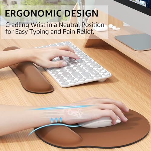 KTRIO Keyboard Wrist Rest & Mouse Pad with Wrist Rest, Coffee Brown | Memory Foam Wrist Support, Ergonomic Design, Non-Slip Base, Office and Home Use - color: Coffee Brown
