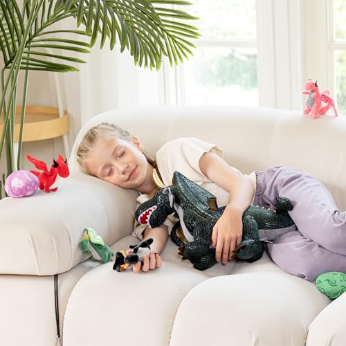 Dragon Plush Toy with 4 Babies, 21.7" Stuffed Animal, Dark Green | 7Pcs Dragon Plush Family; Mommy, 4 Baby Dragons & 2 Eggs; Zipper Belly Pretend Play; Birthday & Christmas Gift for Kids - style: Dragon Dark Green