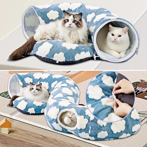 Cat Tunnel Bed with Washable Cushion for Indoor Cat, Donut Cave Tube Toys for Kitten Puppy Rabbit, Blue - color: Blue