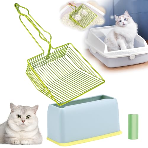 DHXYZZB Cat Litter Scoop with Holder, Metal Cat Litter Scoop Deep Shovel Kitty Poop Scooper Stand for Litter Box, Fast Sifting Non-Stick Cat Poop Sifting with Container to Store cat Scooper - color: Green