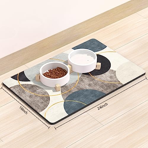 Rnivvi Dog Food Mat, 16" x 24" Boho Absorbent Dog Cat Bowl Mat for Food and Water, Cute Anti-Slip Rubber Pet Feeding Rug Protect Floors, Puppy Placemat for Feeding & Watering Supplies, Abstract Circle - color: Abstract Art Circle, size: 16"L x 24"W