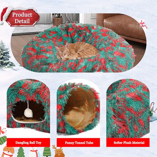 Warm Fluffy Plush Cat Tunnel Bed Under Christmas Tree Big Tube Playground Toys 3 FT Diameter Longer Crinkle Collapsible 3 Way, for Indoor Cat Kitty Kitten Puppy Rabbit Ferret Green-Red - color: Green
