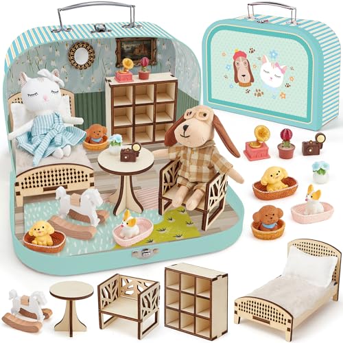 TUZT Portable Dollhouse Suitcase for Ages 3-8, Foldable Bedroom Playset with 21 Wooden Furniture, Cute Animal Dolls & Accessories, Travel-Friendly Pretend Play Toy - style: Living Room