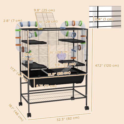 PawHut 32" Large Hamster Cage with Storage Shelf for Syrian Hamster, Tubes | Rat Cage, for Gerbils, Running Wheel, Food Dish, Water Bottle