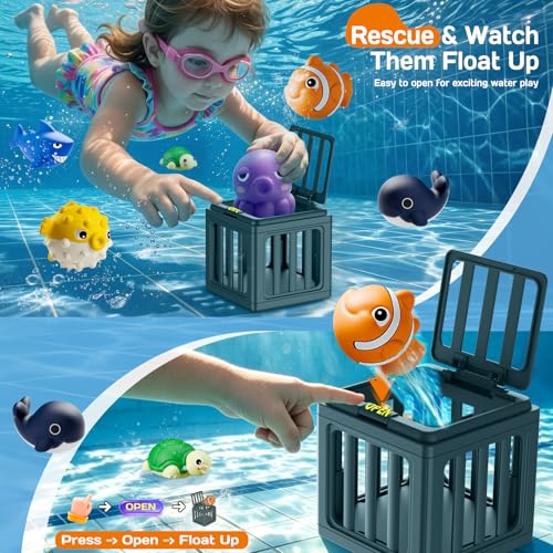 Pool Diving Toys for Kids, Underwater Swim Game Set with 6 Floating Sea Animals & 6 Dive Cages, Summer Water Toys for Pool, Bath & Beach Play, Birthday Gift for Boys Girls Ages 3-12