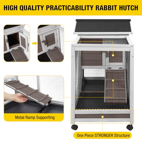 Aivituvin Rabbit Hutch 62" Rabbit Cage Indoor Outdoor Chicken Coop Guinea Pig Cage on Wheels Bunny Cage with 3 Deep No Leakage Pull Out Tray,Waterproof Roof (Brown) - color: Brown