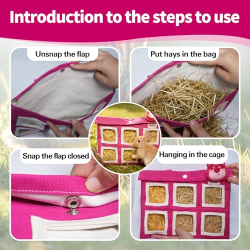 Rabbit Hay Feeder Bag, Guinea Pig Hay Bag for Rabbits Bunnies Guinea Pigs Chinchillas and Small Pets-Promotes Natural Behavior, Reduce Waste, Keep Dry and Maintain Cleanliness