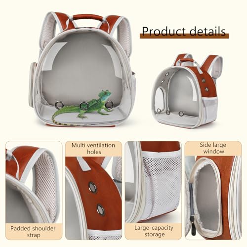 Bearded Dragon Carrier Backpack with Two Security Printing Harness with Leash Sets, Reptile Lizard Travel Bag to Carry and Transport Small Animal Kitten Bunny Guinea Pig to Vet(Brown, PU Leather) - color: Brown