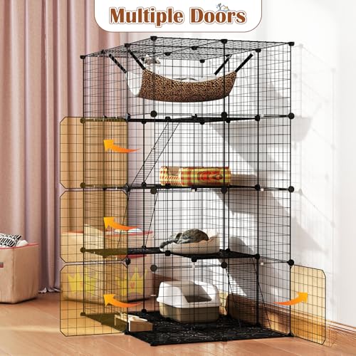 Tangkula Cat Cages Indoor, 56" Large 4-Tier Cat Enclosure with Skylight, Hammock, 3 Ladders, Detachable Metal Wire Kennel with 4 Lockable Doors, DIY Cat Crate & Pet Playpen Catio for 1-4 Cats - size: 43.0"L x 29.0"W x 56.0"H