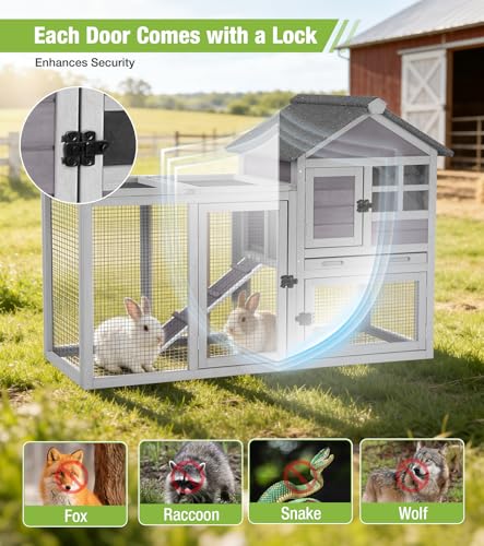 GUTINNEEN 51.6 in Rabbit Hutch, 2-Level Wooden Bunny Cage with Ramp, 3 Lockable Doors & Removable Tray, Weather-Resistant Indoor Outdoor Rabbit Cage, Grey - color: Grey