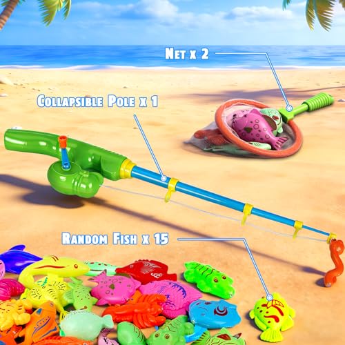 CozyBomB™ Magnetic Fishing Toys Game Set for Kids | Water Table Bathtub Kiddie Pool Party Pole Rod Net, Outdoor Plastic Floating Fish, Toddler Bath Color Ocean Sea Animals Birthday Gift Age 3-5 6 4-8