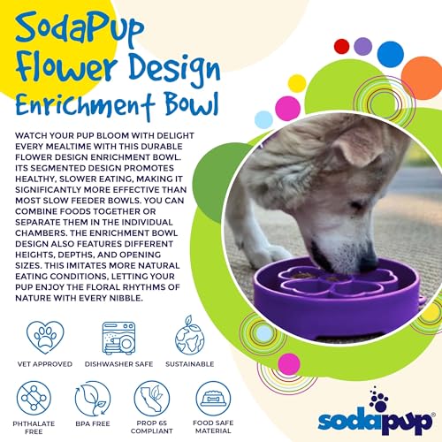 SodaPup Flower Design Enrichment Bowl – Durable Slow Feeder Bowl Made in USA from Non-Toxic, Pet-Safe, Food Safe Material for Mental Stimulation, Slowing Down Eating, Healthy Digestion, & More - color: Purple Flower Ebowl