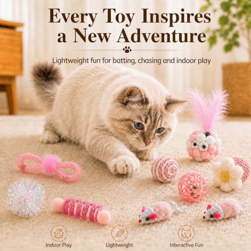 12-Pcs Interactive Cat Toys, Feather Wand, Springs & Catnip Balls | Curated variety pack, diverse mice, crinkle textures, healthy teething chew relief, indoor kitten boredom enrichment