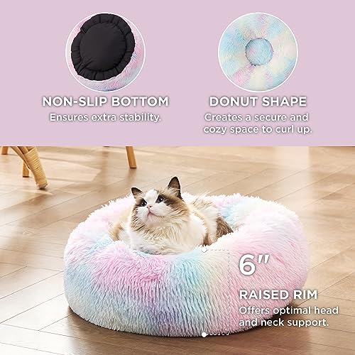 Bedsure Calming Cat Beds Donut Round Washable Kitten Bed,20 inches | Fluffy Faux Fur Cuddler,Anti-Slip Bottom,Anti-Anxiety,Deep Sleeping for Cats&Small Pets Up to 15 Lbs,Multi Color - color: Multi Color, size: 20"L x 20"W x 6"Th