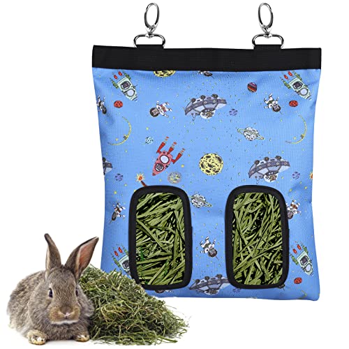 Rabbit Hay Feeder Bag Hanging Hay Rack (Pattern Blue, 2 Windows) | Guinea Pigs Manger Holder Dispenser Small Animal Feeder Storage Pouch for Bunny Chinchilla Hamster - color: Pattern Blue