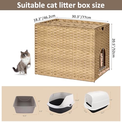 Large Cat Litter Box Enclosure, Hidden Litter Box Furniture with Litter Mat | Side Entry Design, Easy-Clean Removable Top, Quick Assembly, Raised Edge for Secure Items, Side Grip Cutouts - color: Natural, size: 30.3'' L X 18.2'' W X 20.5'' H