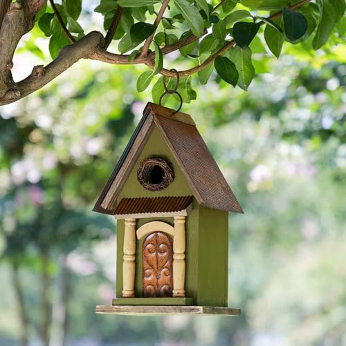 Glitzhome Hanging Birdhouse for Outdoors, Bird Houses for Outside, 11.25" H Vintage Distressed Decorative Wooden Bird House Garden Birdhouse for Bluebird Hummingbird Wren Finch Cardinals Cedar - color: 11.25"H Green
