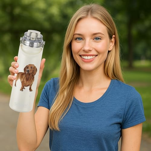 SERENGETI 24 Oz Water Bottle Stainless Steel with Spill Proof Lid - Double walled Vacuum Insulated water flask - Realistic 3D Print of your favorite dog (Dachshund red) - color: Dachshund red