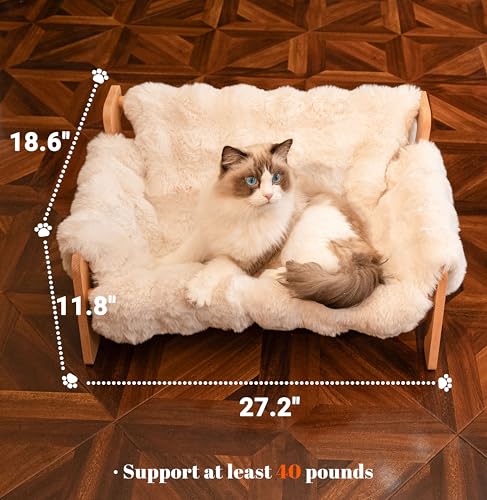 Elevated Cat Couch Bed Wooden Raised Kitty Sofa Lounge Chair | Washable Fluffy Cover Wooden Elevated Pet Furniture for Indoor Cats and Puppy(White) - color: Cat Sofa-White