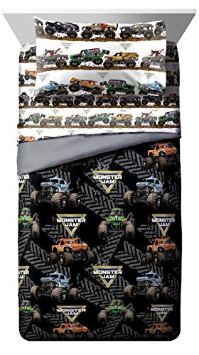 Jay franco Monster Jam Tracks 4 Piece Twin Bed Set - Includes Comforter & Sheet Set - Bedding Features Grave Digger & Megalodon - Super Soft Fade Resistant Microfiber (Official Monster Jam Product) | Grave Digger Megalodon, Comforter Sheets Pillowcase, Of