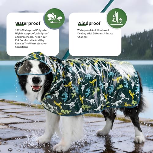 Dog Raincoat,Dog Rain Jacket Poncho with Hood and Leash Hole(Dinosaur,XL) | Windproof,Waterproof,Leash Loop,Adjustable,Dinosaur Design - color: Green, size: XL(22-31lbs)