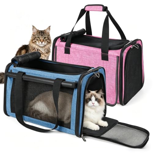 YUDODO 2 Packs 25 lbs Soft Sided Pet Carrier for Large Cat & Small Dog | Airline Approved, Lightproof Breathable Design, Side Pockets, Durable Mesh, Foldable and Portable, Pink+Lake Blue - color: Pink*1+Lake Blue*1