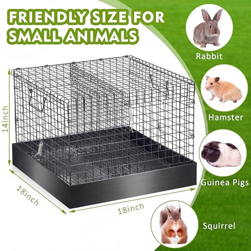 DoubleFill 2 Hole Folding Rabbit Transport Cage, Portable 18 x 18 x 14 in Black Bunny Carrier with Tray and Handles for Travel or Temporary Housing, Indoor Outdoor Pet Habitat Animal Enclosure