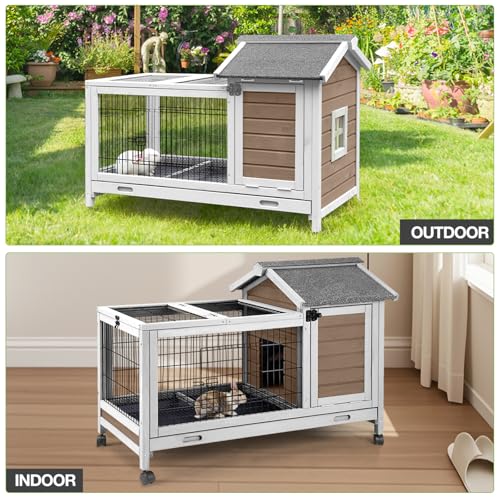 Wooden Rabbit Hutch Indoor and Outdoor, Rabbit Cage with Removable Wire Netting and Leak Proof Tray, Mobile Bunny Cage with Wheels (Brown) - color: Brown