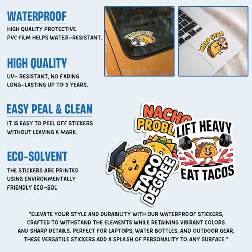 Vybonz Taco Sticker Funny Food Decal Mexican Cuisine Cartoon | Taco Stickers with Funny Food Quotes for Taco Lovers, Restaurant Fans, Laptop, Water Bottle and Notebook Use - color: Taco, size: 3in