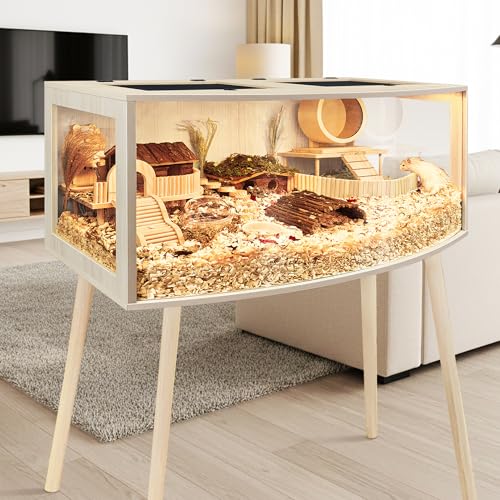 PROLEE Hamster Cage with Curved Design, Chew Proof Wooden Hamsters Enclosure with Leg Stand and Openable Top for Gerbils,Hamster Habitat, 48x20x20 Inch - size: 48.0"L x 20.0"W x 20.0"H