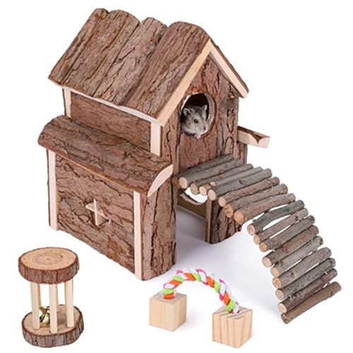Small Animal Amusement Wooden Villa House Hideouts Playground with Ladder, Fit for Chinchilla, Guinea Pigs, Gerbil, Dwarf Mice, Hedgehog (4 Pcs)