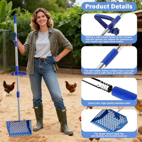 2-in-1 Chicken Poop Scooper & Rake, 10 Inch Chicken Coop Scoop with 37" to 65" Adjustable Stainless Steel Handle, Pooper Scooper Set with Gloves, Pet Farm Animal Waste Cleaning Tools (Blue) - color: Blue