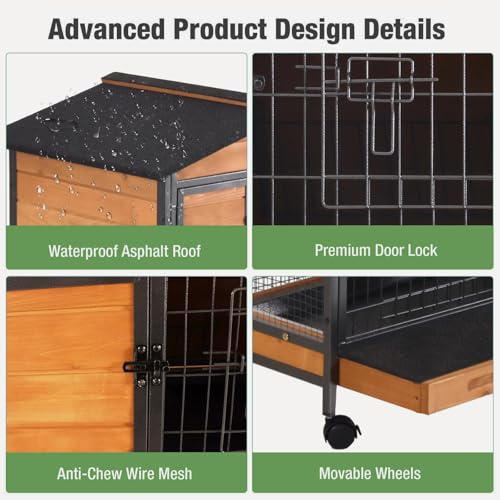 Indoor Rabbit Hutch with Metal Frame & Pull-Out Tray - Spacious Cage with Exercise Run Area for Rabbits (Orange, L) - color: Orange