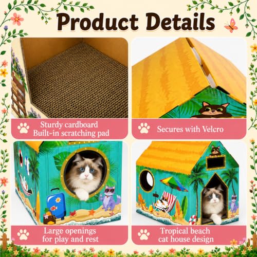 Cinrobiye Cardboard Cat House with Scratcher, Indoor Cat Condo Cat Cave Hideout with Scratch Pad, Cardboard Cat Playhouse Bed for Cats, Kittens, Rabbits & Small Pets (Beach) - color: Beach