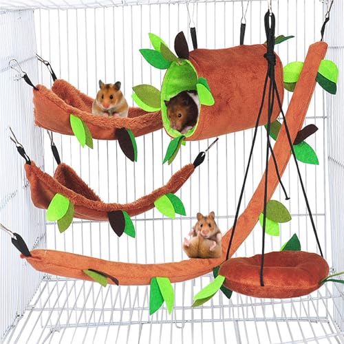 Hamiledyi 5PCS Hamster Hammock Sugar Glider Hammock Set Sugar Glider Cage Accessories Toys Small Animals Hanging Bed Hideout Tunnel Swing Rodent Iqammocking for Small Hamster Rat Gerbil - color: Brown