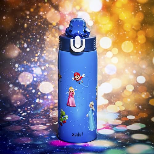 Zak Designs Super Mario Movie Sage 19oz Leak-Proof Straw Kids Water Bottle | BPA Free, Insulated Stainless Steel, Cupholder Friendly, Dishwasher Safe, Lid Lock, Handle, For School, Home, Travel, Outdoor - color: Mario Movie 2