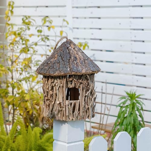 Twig-Covered Cylinder Birdhouse Squirrel House, 2.4" Entry for Medium Birds, Natural Branch Exterior & Waterproof Interior, Woodland Garden Backyard Decor - style: Cylindrical House