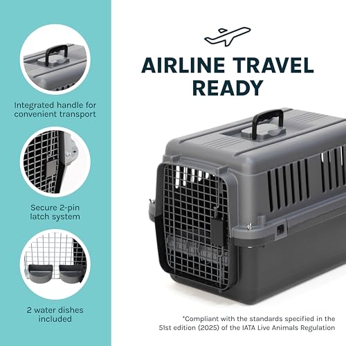 SportPet Airline Compliant Small 24" Travel Dog Kennel - Durable Plastic Airline Pet Carrier (No Wheels) & Food Bowls, Collapsible Indoor/Outdoor Dog Kennel, Dogs up to 21" L & 13" H - Dark Gray - color: Dark Gray