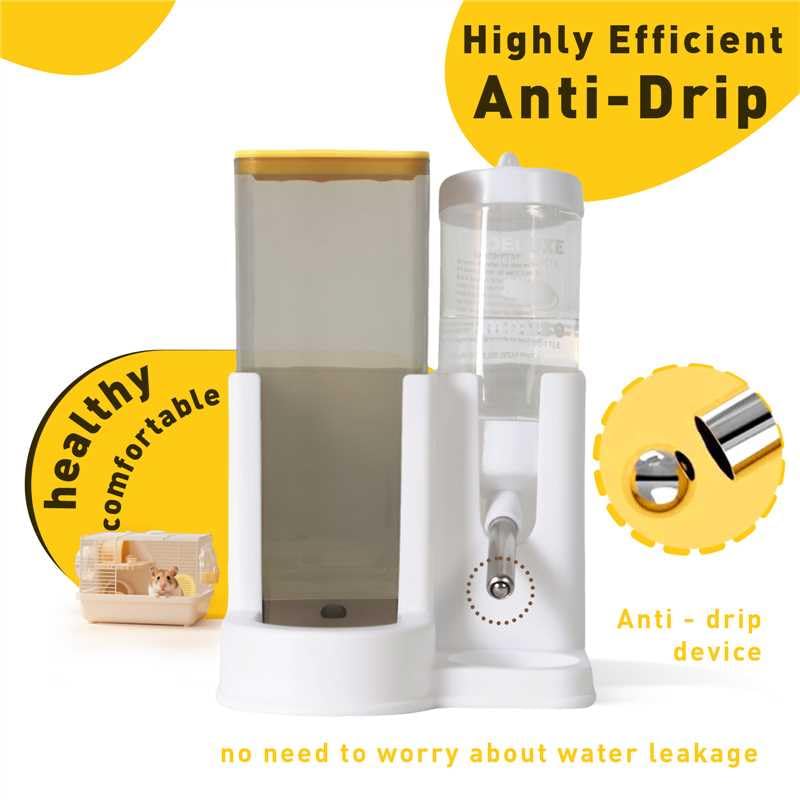 Hamster Water Bottle Standing Water Dispenser No Drip 2 in 1 Large Capacity Small Animal Automatic Food Bowl for Cage Accessories for Hamsters Gerbils Mice (Yellow, 5.91 in X 4.13 in X 4.33 in)