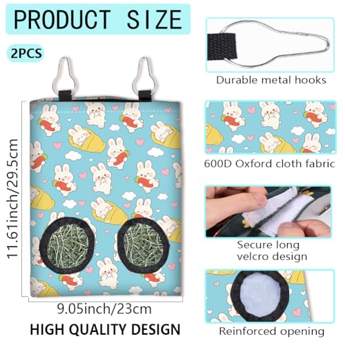 2Pcs 2 Styles Hanging Rabbit Hay Feeder Bag 11.6 x 9.1 Inch Bunny Hay Feeder Pink Blue Cute Cartoon Design Cloth Washable Feeding Holders with 2 Holes for Guinea Pig Chinchillas Hamsters - color: Rabbit
